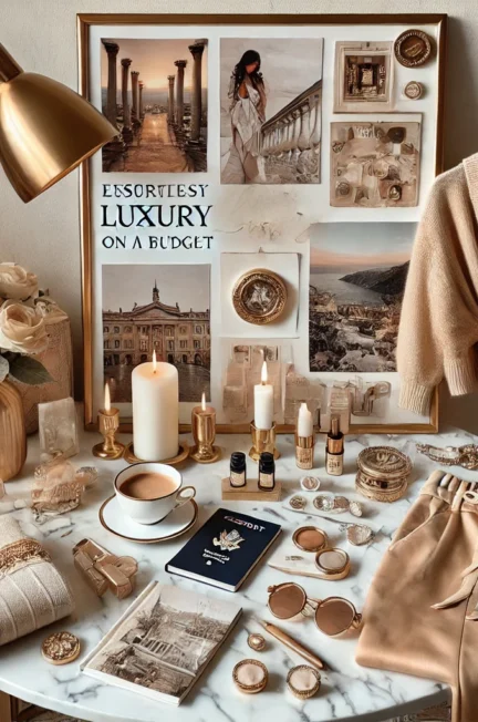 A luxurious and elegant lifestyle-themed digital collage reflecting effortless luxury on a budget. The image features a cozy and stylish home setup with a marble coffee table, candles, and a chic coffee cup. A neatly arranged vision board with inspiring quotes, travel photos, and a luxury aesthetic is in the background. A fashionable neutral-toned outfit is displayed, symbolizing affordable yet classy fashion. Nearby, a passport and a small travel bag hint at budget-friendly yet glamorous travel. The overall color scheme includes soft gold, blush pink, and neutral tones, creating a warm, inviting, and sophisticated atmosphere.