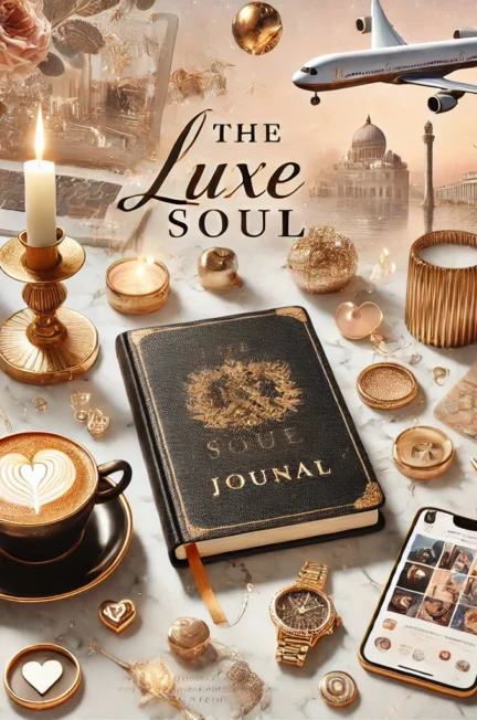 A luxurious and elegant digital collage representing 'The Luxe Soul.' The image features a blend of luxury lifestyle elements: a stylish journal with gold lettering, a chic coffee cup on a marble surface, a warm candle-lit ambiance, and a dreamy travel destination in the background. A subtle overlay of soft pink and gold hues creates a sophisticated aesthetic. Floating around the scene are elements symbolizing love, emotions, laughter, and social media growth—like heart icons, a handwritten love note, a small airplane, and a trendy phone displaying an engaging social media feed. The overall vibe is a mix of elegance, warmth, and inspiration, capturing the essence of luxury, emotions, and creative storytelling.